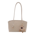 Fashionable beige leopard print shoulder bag with large capacity and plush charm - With Ornament / White