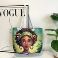 Classic green canvas tote bag with African floral portrait print and white rope handle - Style 20