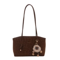 Brown leopard print tote bag with slim shoulder straps and plush sheep charm on white background - With Ornament / Brown