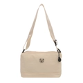Minimalist cream canvas crossbody bag with cartoon bear badge and adjustable strap - Off White