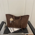 Fashionable leopard print faux suede tote bag with plush bear charm and large capacity - With Pendant / Brown