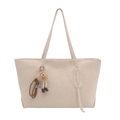 Beige faux leather tote bag with vintage design and cute brown plush charm accessory - Off-white with Charm