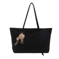 Large black leopard print tote bag with brown plush pendant for casual autumn styling - Black with Pendant