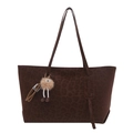 Brown leopard print tote bag with plush charm and long shoulder straps on white backdrop - Coffee With Pendant