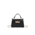 Classic black faux crocodile leather mini handbag with gold metal lock and chain strap - Black