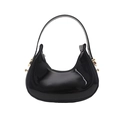 Polished black patent leather crescent hobo bag with gold hardware and top handle - Black