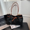 Vintage leopard print tote bag in dark matte suede finish with brown leather straps - Black
