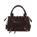 Dark brown leopard print suede motorcycle handbag with silver rivets and tassels - Brown