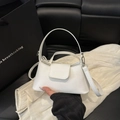 White minimalist baguette bag with FANYISSA embossed logo and silver hardware for women - White