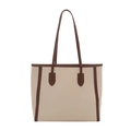 Vintage large capacity tote bag in beige and dark brown contrast design with slim straps - White
