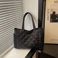 Minimalist black quilted tote bag with large capacity and elegant rhombus pattern texture - Black