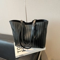 Minimalist black woven leather tote bag with large capacity and shoulder straps - Black with Pendant