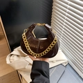 Chocolate brown faux leather dumpling bag with chunky gold chain handle and metal clasp - Brown