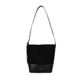 Borsa a secchiello nera minimalista con trame in pelle mista e logo dorato da donna - Nero