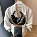 Chic black patent leather crescent handbag with gold chain for women 2025 summer fashion - Black
