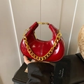 Mini burgundy patent leather crescent bag with gold chain strap for women - Red