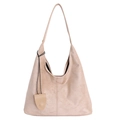 Chic beige suede tote bag with vertical stitching and matching leather charm detail - Beige