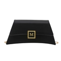Elegant black matte trapezoid shoulder bag with gold M-logo hardware and metal chain strap - Black