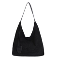 Retro black faux suede hobo tote bag with long shoulder strap and teardrop charm - Black