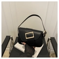 Minimalist black leather baguette bag with large golden square buckle for women - Black