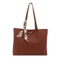 Brown faux leather tote bag with silver metal bar and geometric silk scarf decoration - Brown