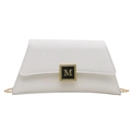 White minimalist crossbody bag with gold M letter lock and delicate chain strap - White