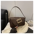 Minimalist chocolate brown leather shoulder bag with a large gold square buckle feature - Coffee
