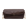 Brown patent leather shoulder bag with gold metal buckle and chain strap on white background - Brown