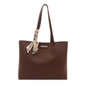 Große dunkelbraune Shopper-Tasche aus mattem Kunstleder mit Seidenschal und Metallleiste - Braun