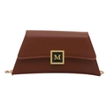 Brown leather trapezoid bag with gold M-logo buckle and chain strap on white background - Brown