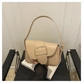 Chic beige faux leather baguette shoulder bag with a bold gold square metal buckle - Khaki