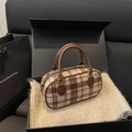 Borsa a mano Boston a quadri marroni e beige con manici in pelle in confezione - Cachi