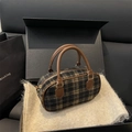 Borsa a cilindro retrò a quadri gialli e neri con manici in pelle e confezione regalo - Nero
