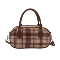 Retro plaid wool Boston handbag with dark brown faux leather handles and gold metal zipper - Khaki