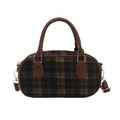 British style tartan shell bag in brown plaid with adjustable shoulder strap and handles - Black