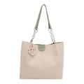 Bolso tote beige con detalles en gris verdoso, cadena plateada y colgante de tigre - Verde