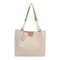 Bolso tote minimalista de cuero blanco crema con correas marrones y amuleto tigre - Caqui