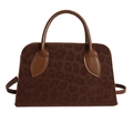 Stylish large capacity leopard print tote bag with brown faux leather handles and strap - Brown