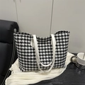 Classic houndstooth large capacity tote bag with white leather handles for women - Black