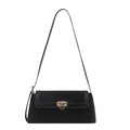 Classic black baguette shoulder bag with matte leather finish and golden metal buckle - Black