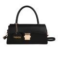 Chic black crossbody bag with gold metal buckle and round top handle on white background - Black