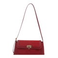 Minimalist red suede leather underarm baguette bag with elegant golden metal buckle - Red