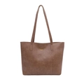 Bolso tote marrón oscuro de piel sintética con textura vintage y letras doradas - Caqui