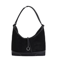 Black matte leather hobo bag with contrast white stitching and silver ring detail - Black