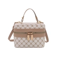 Sac à main vintage à carreaux monogramme beige avec garniture en cuir brun et dorure - Blanc
