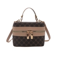 Sac à main carré imprimé monogramme classique avec bordure en cuir beige et poignée - Marron