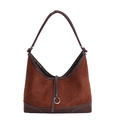 Brown suede hobo bag with leather trim and decorative metal ring in a minimalist design - Brown
