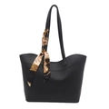 Schwarze Leder-Shopper-Tasche mit Wellenkante und bedrucktem Vintage-Seidentuch-Dekor - Schwarz