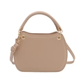 Beige crescent leather handbag with gold hardware and detachable strap on white background - Khaki
