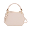 Cream PU leather saddle bag with gold stitching and adjustable strap on white background - White